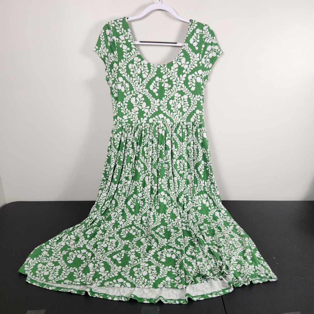 Boden Green White Leaf Print Jersey Midi Dress US 12P Short Sleeve Coastal